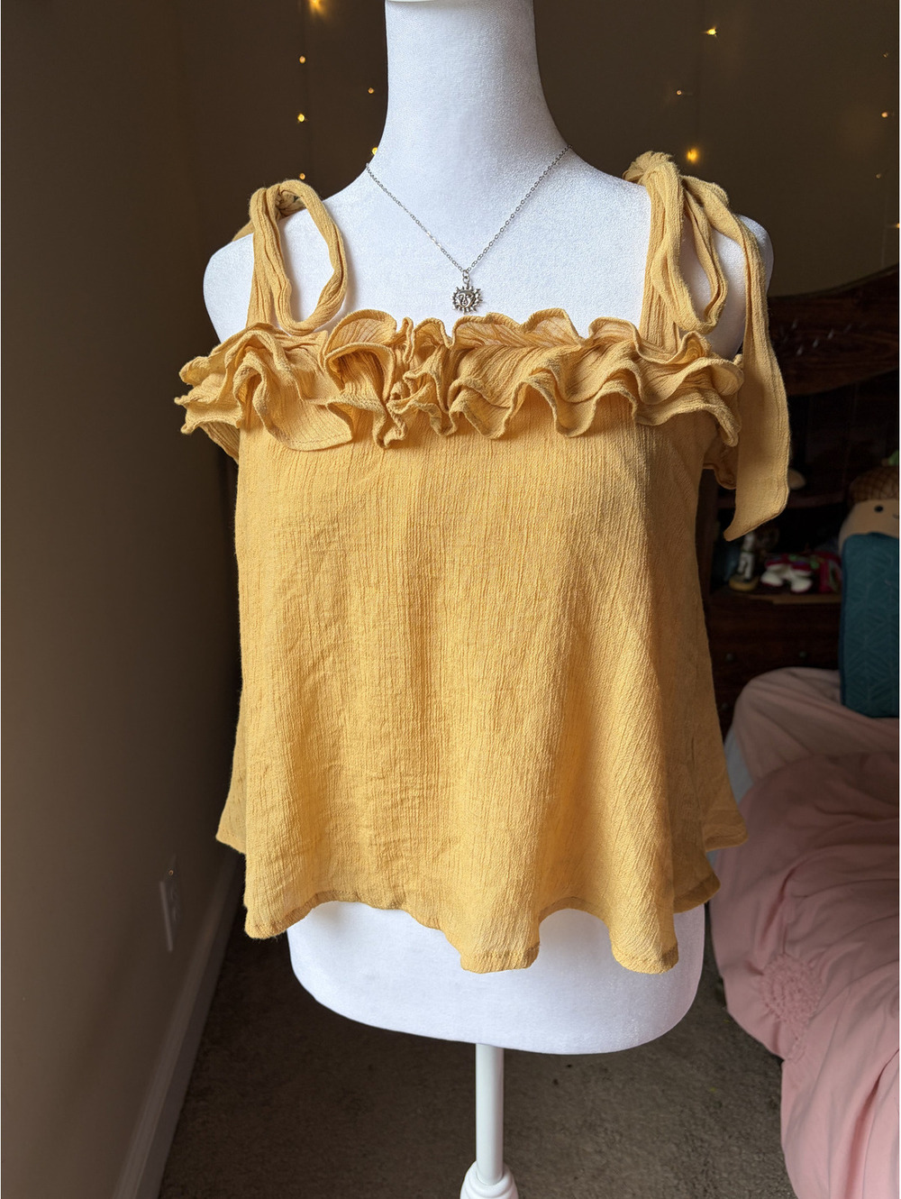 Hyfve mustard yellow tank top in a beautiful textured crinkle gauze fabric.